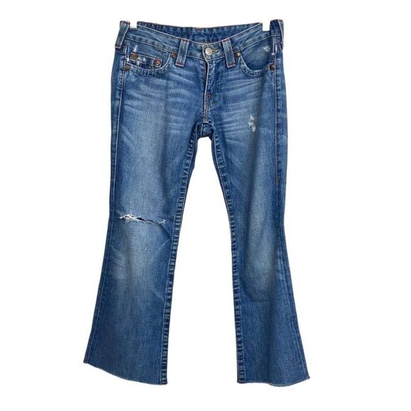 TRUE RELIGION BUDDHA BACK POCKET EMBROIDERY DISTRESSED FLARED RARE CROPPED JEANS - Picture 2 of 9